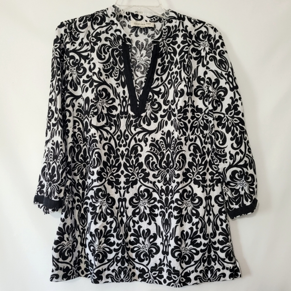 Jones New York Linen Top Womens Small White Floral 3/4 Sleeves Split Neck